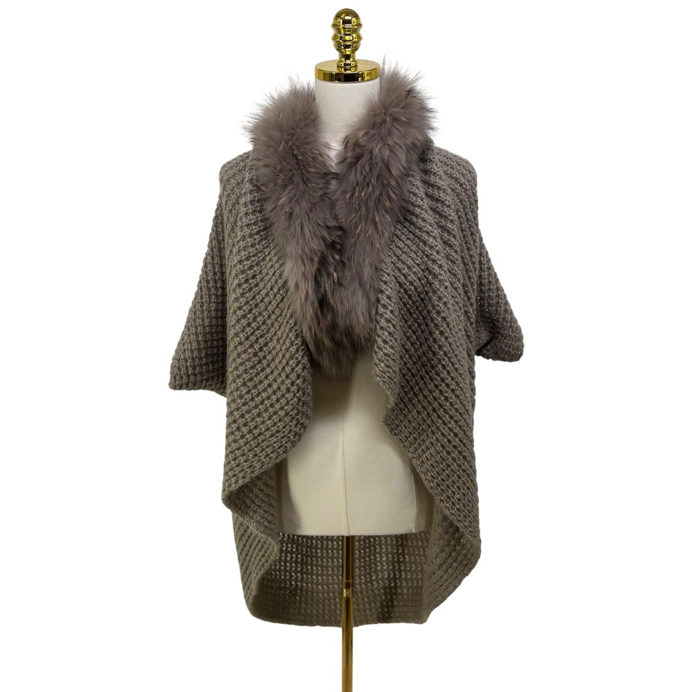 Linda Richards Luxury Mohair Knit Shawl Raccoon Fur Collar Taupe Elevated Basic